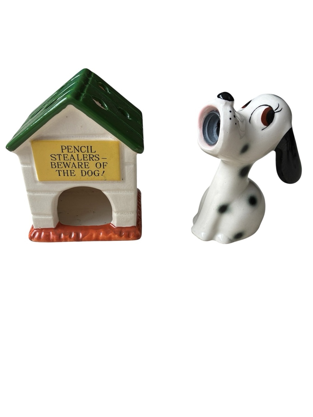 Vintage MCM Dalmatian Dog Pencil Sharpener & Doghouse Holder Set